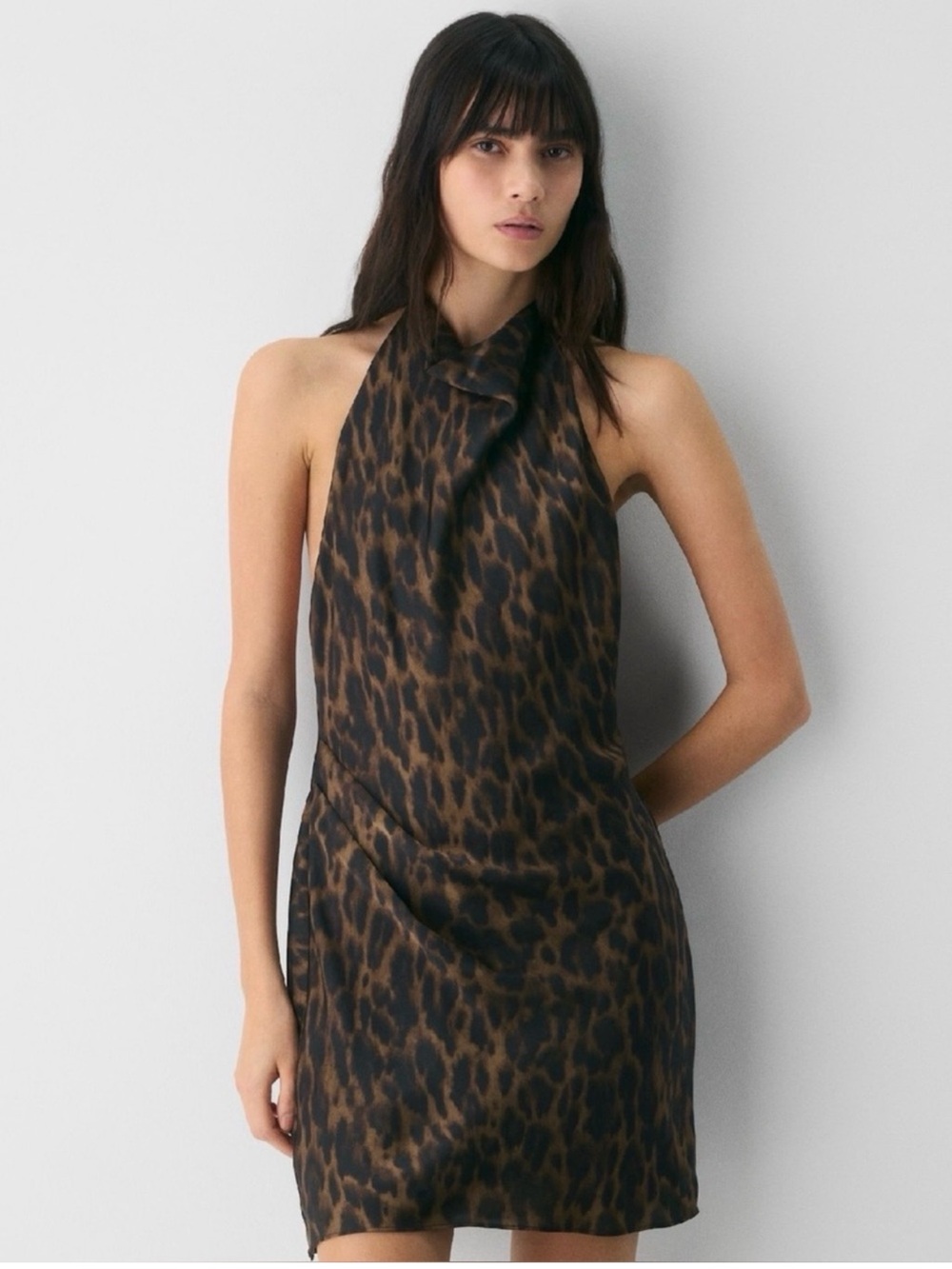 Aritzia Ten Audience Satin Mini Halter Dress 6 Animal Leopard Print Cello Brown